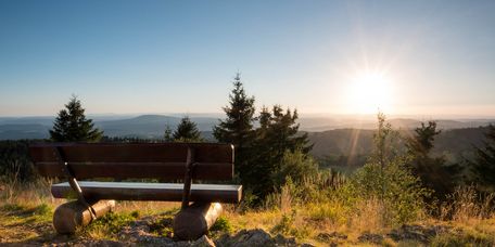 Eine Bank steht mit Blick über das Tal in der herbstlichen Abendsonne